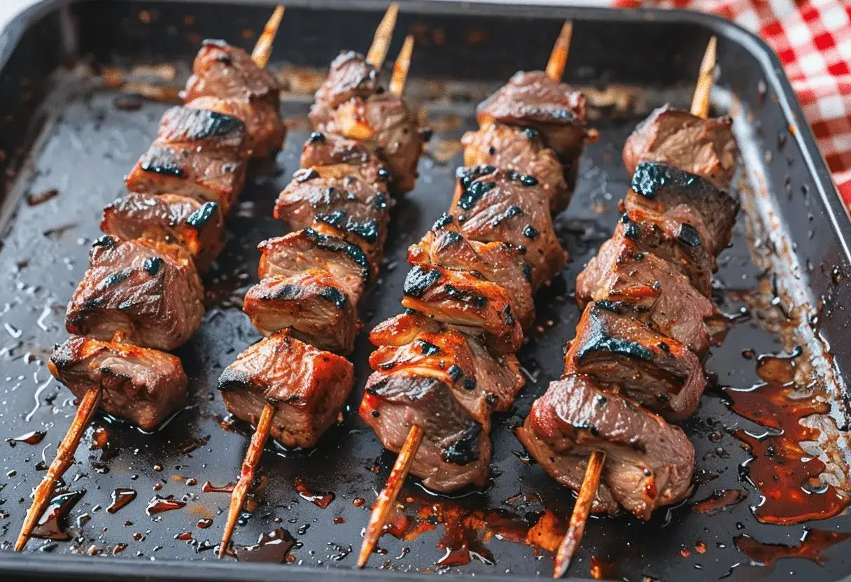 Cuatro brochetas de pinchos morunos aut&eacute;nticos, con trozos de carne jugosa y dorada, reposan en una bandeja met&aacute;lica con jugos.