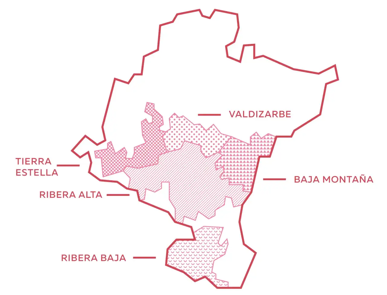 Mapa de las zonas de producci&oacute;n de vino de la D.O. Navarra: Valdizarbe, Baja Monta&ntilde;a, Ribera Alta, Ribera Baja y Tierra Estella.