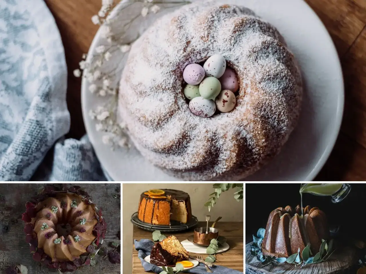Collage de pasteles de Pascua: un bizcocho con huevos de chocolate, otro decorado con hojas y flores, y uno cubierto de chocolate y naranja. &iexcl;Divertidos monas de Pascua originales!