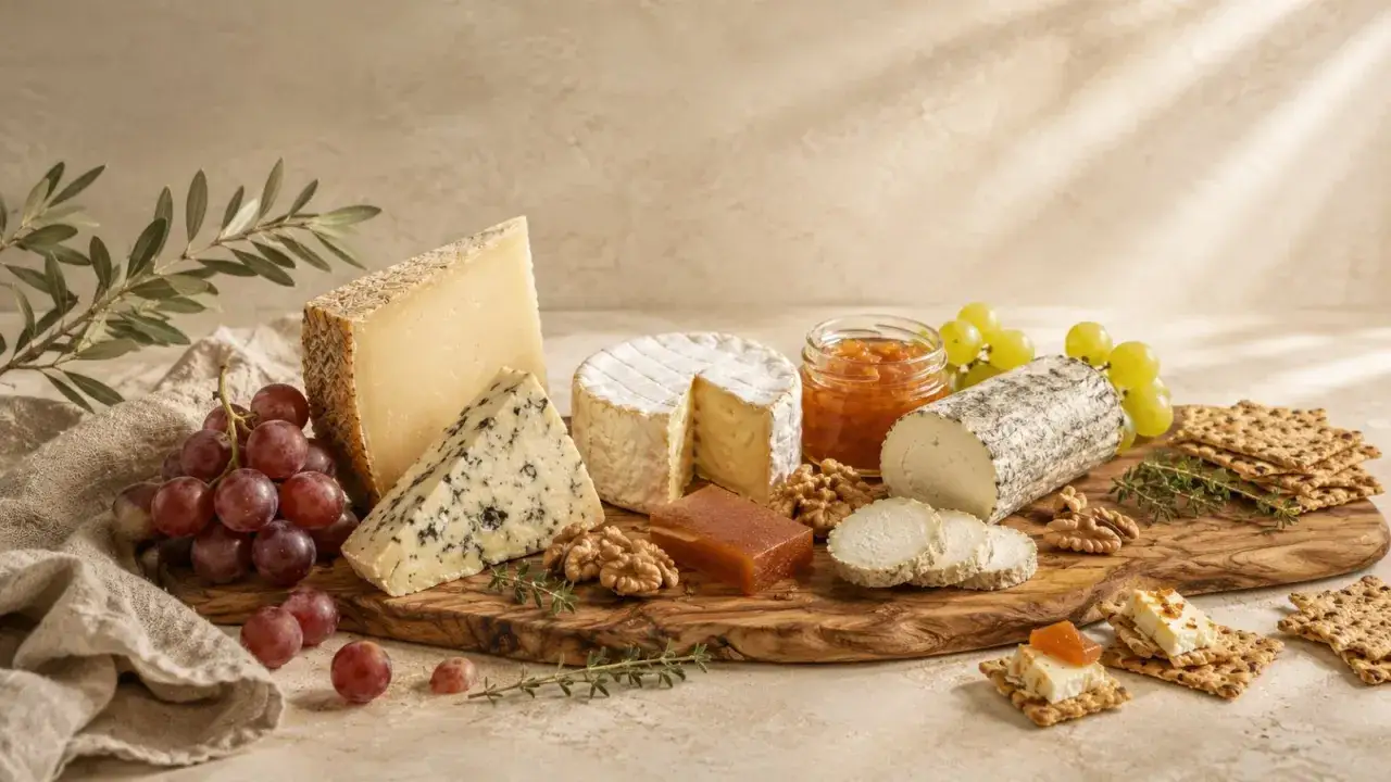 Una tabla de quesos sencilla con uvas, membrillo, nueces y galletas.
