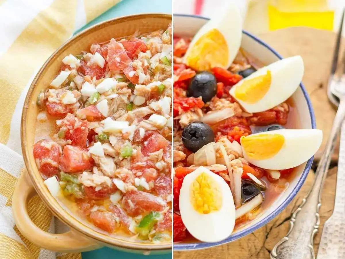 Dos deliciosos tipos de ensaladas: una de at&uacute;n con tomate y huevo, y otra con aceitunas negras y huevo duro.