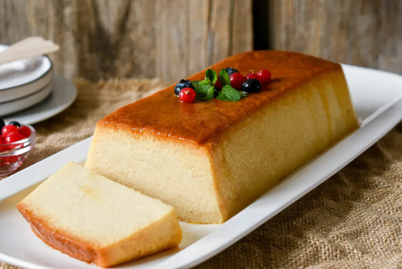 Bud&iacute;n de pan casero, dorado y suave, decorado con frutos rojos y menta. &iexcl;Un postre irresistible!