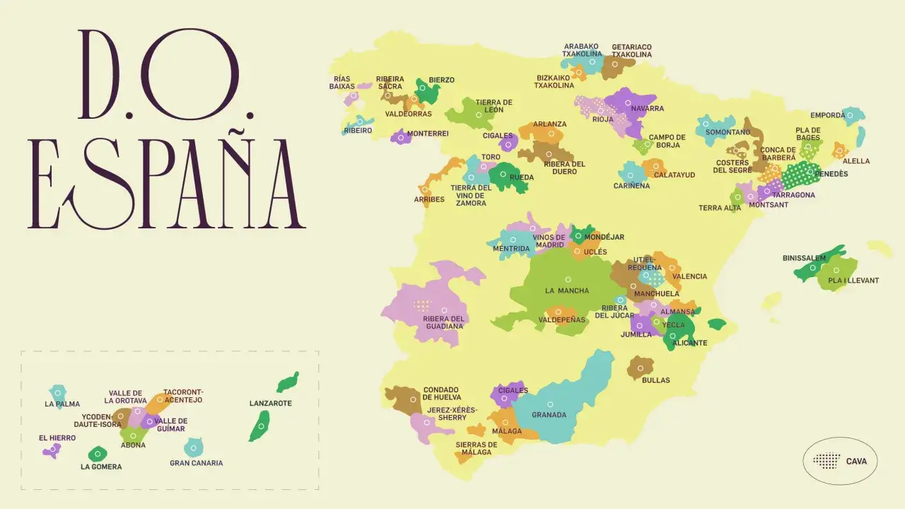Mapa de las Denominaciones de Origen de vino en Espa&ntilde;a, mostrando regiones como Rioja, Ribera del Duero y Jerez.