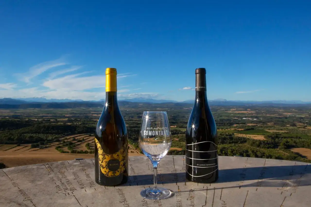 Dos botellas de vino, una blanca y otra tinta, junto a una copa en un paisaje monta&ntilde;oso. El vino barbastro, de Somontano, invita a disfrutar de la vista.