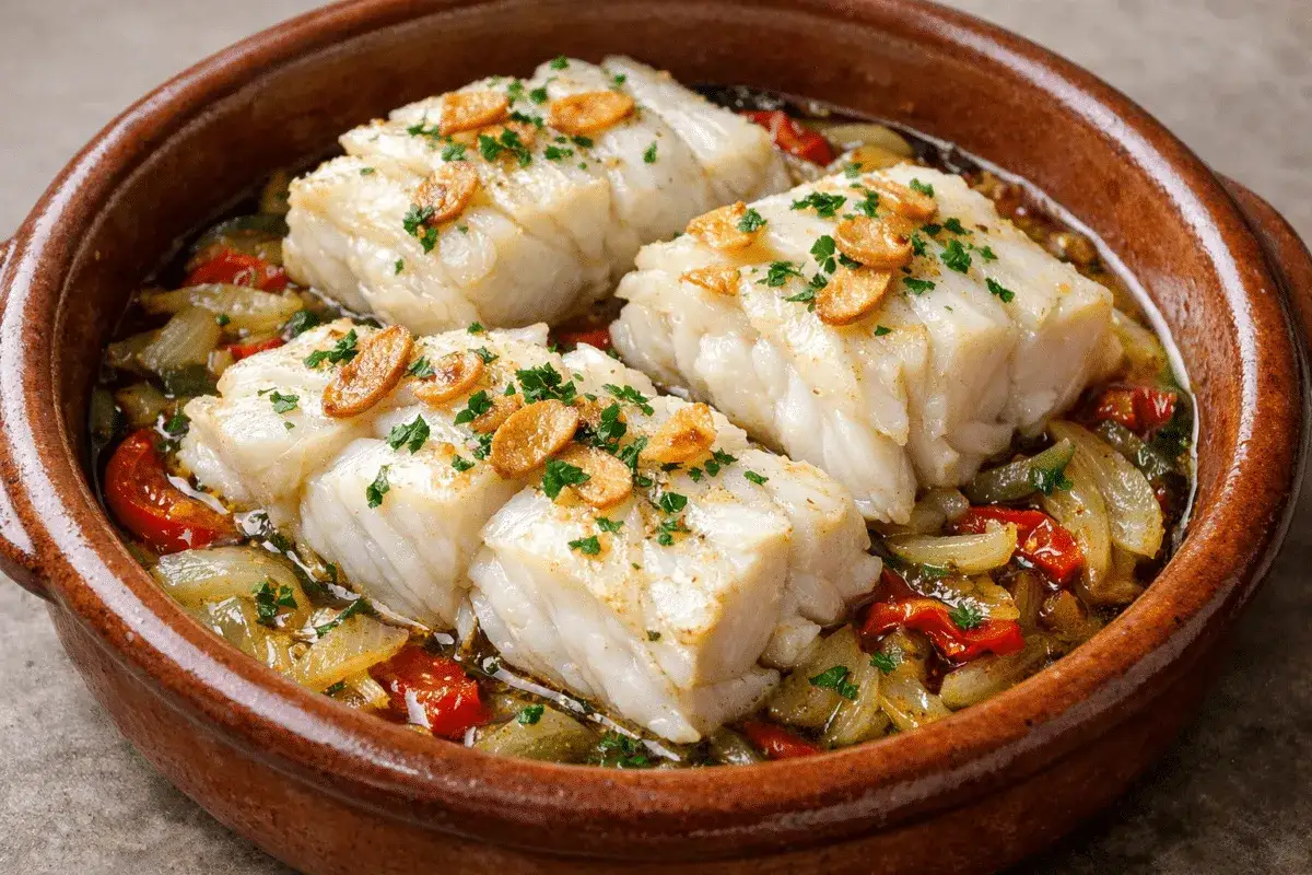 Bacalao a la brasa jugoso, servido en cazuela de barro con pimientos, cebolla y ajo crujiente.