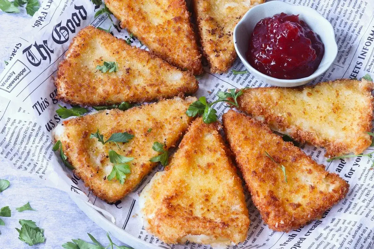 Crujientes trozos de queso frito, dorados y servidos con una compota de frutos rojos.