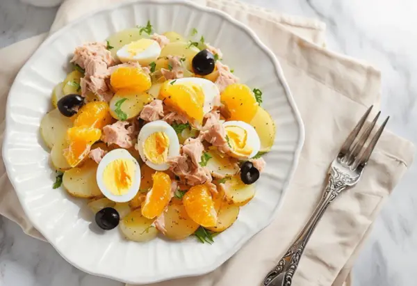 Ensalada malagueña con patatas, atún, huevos duros, aceitunas negras y gajos de mandarina.