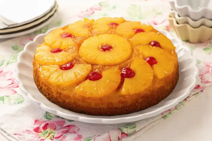 Tarta de piña dorada y jugosa, decorada con rodajas de piña caramelizada y cerezas rojas.